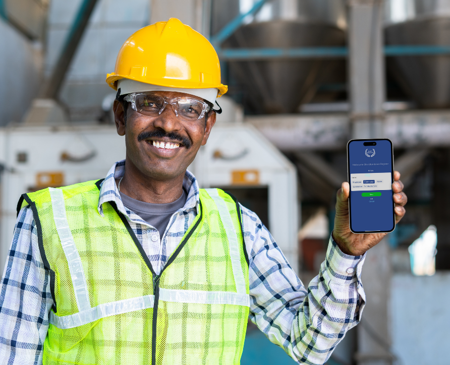 a worker arriving to a site and checkin in through Safety Champion Site attendance on smartphone.