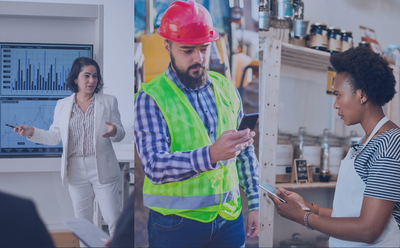 A corporate woman reviewing safety, a contractor reporting an incident and retail worker completing an inspection through Safety Champion Software.